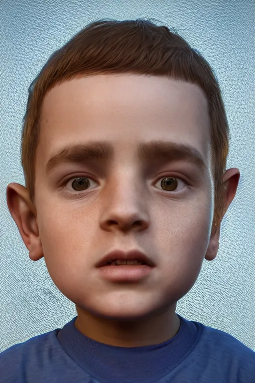 Image similar to hyperrealistic little boy close - up portrait, the portrait is decorated with art deco patterns, hyperrealistic, volumetric lighting, ultra detailed, elegant, octane render, blue and gold, 8 k, trending on artstation, unreal engine