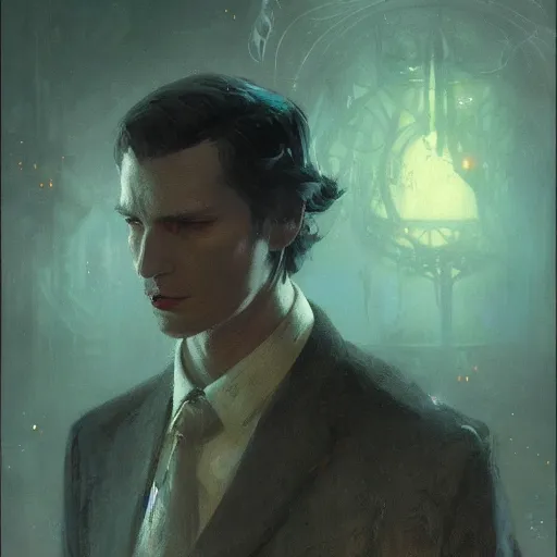 Image similar to a slender gentleman, cosmic horror setting, character portrait by greg rutkowski, gaston bussiere, craig mullins