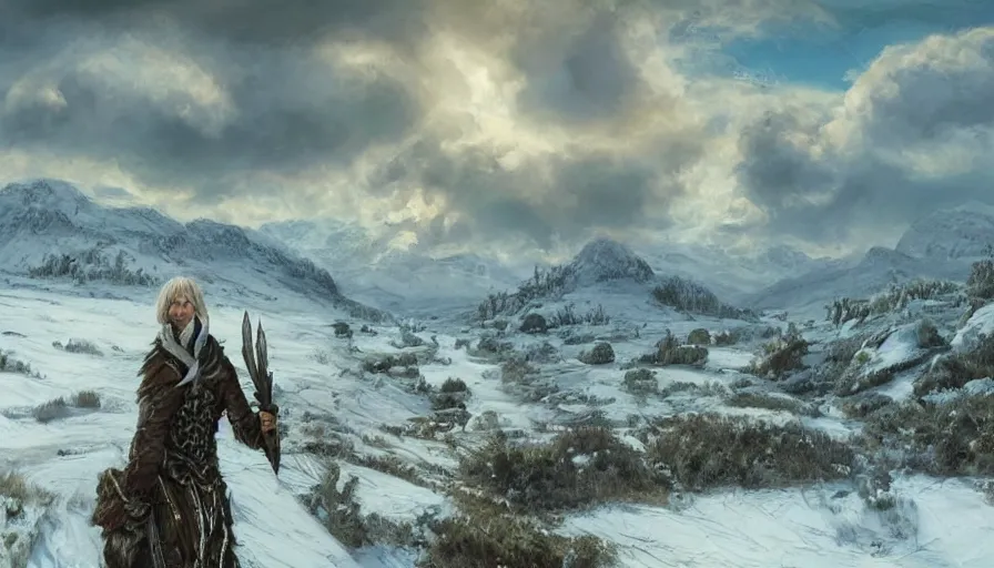 Image similar to Níðhöggr in a nordic landscape under bright daylight with fluffy clouds, set in the world of Guildwars2, painted by Hans Fredrik Gude, Greg Rutkowksi and Artgerm, concept art 2022, ultra realistic masterpiece, contrasting details vs blank areas, oil on canvas