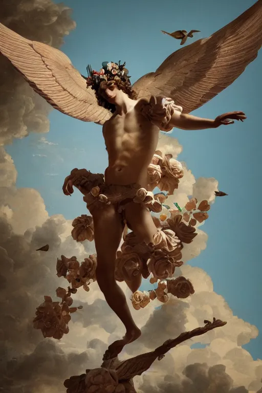 Image similar to a young handsome Spanish prince in a full-body bronze baroque statue of Icarus posed like a bird, crown of peach roses, flowing teal-colored silk, fabric, flowers. baroque elements, human skull. full-length view. baroque element. intricate artwork by caravaggio. many many birds birds on background. Trending on artstation, octane render, cinematic lighting from the right, hyper realism, octane render, 8k, depth of field, 3D