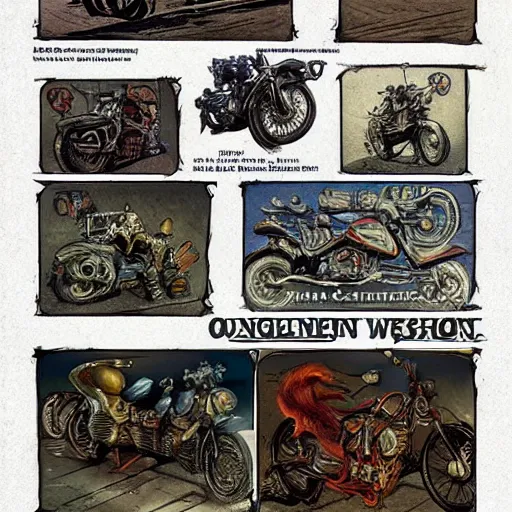 Image similar to dungeons and dragons, goblin outlaw gang on motorcycles, concept art, players handbook, very detailed, mechanic, schematic, illustration, stats