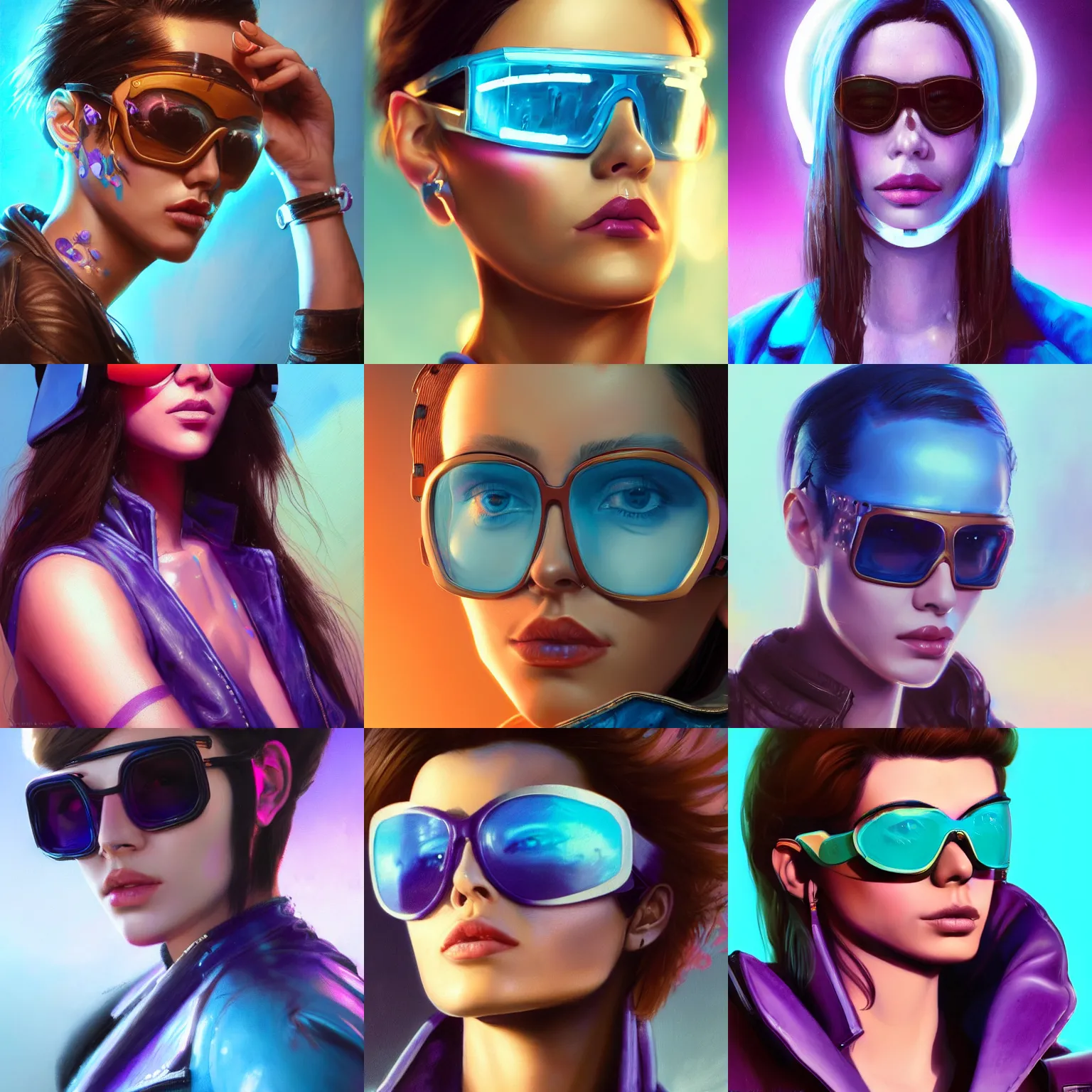 Image similar to very detailed masterpiece closeup painting of a very beautiful young mexican cyberpunk woman with light blue shutter shades, one side haircut, brown hair with light blue ends, purple leather jacket, beauty mark on cheek, portrait, synthwave background, artstation, concept art by greg rutkowski