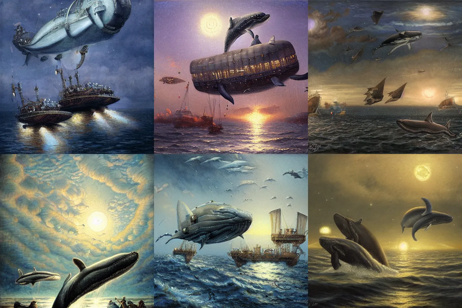 Prompt: whales jumping over steampunk airships on a cloudy night lit by the full moons in the sky, by Didier Graffet, by Min Guen, by Giovani Magana