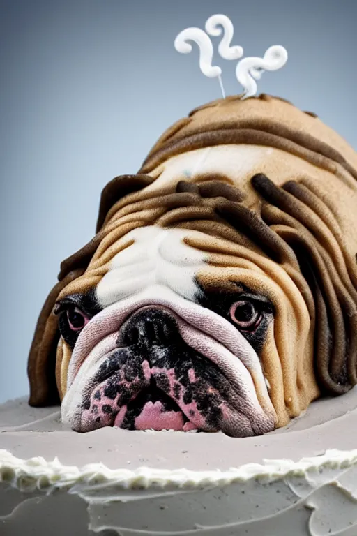 Prompt: a sad English bulldog comes out of the cake, realistic materials, attention to detail, elaborated depth of field, high-quality composition