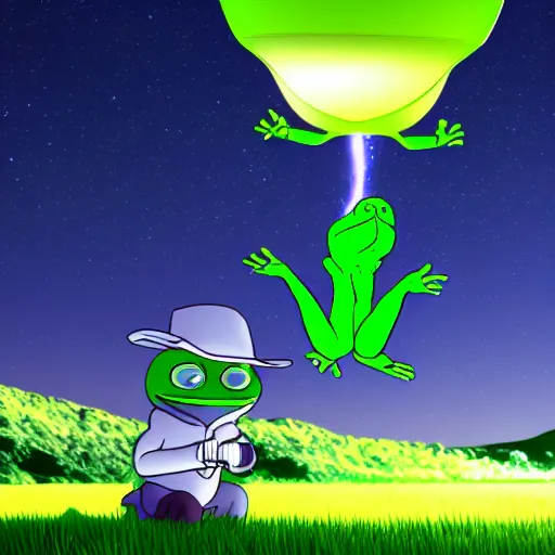 Prompt: ufo abducting pepe the frog from pasture, summer night by patrick nagel. rendered unreal, cinema 4 d, 6 k resolution.