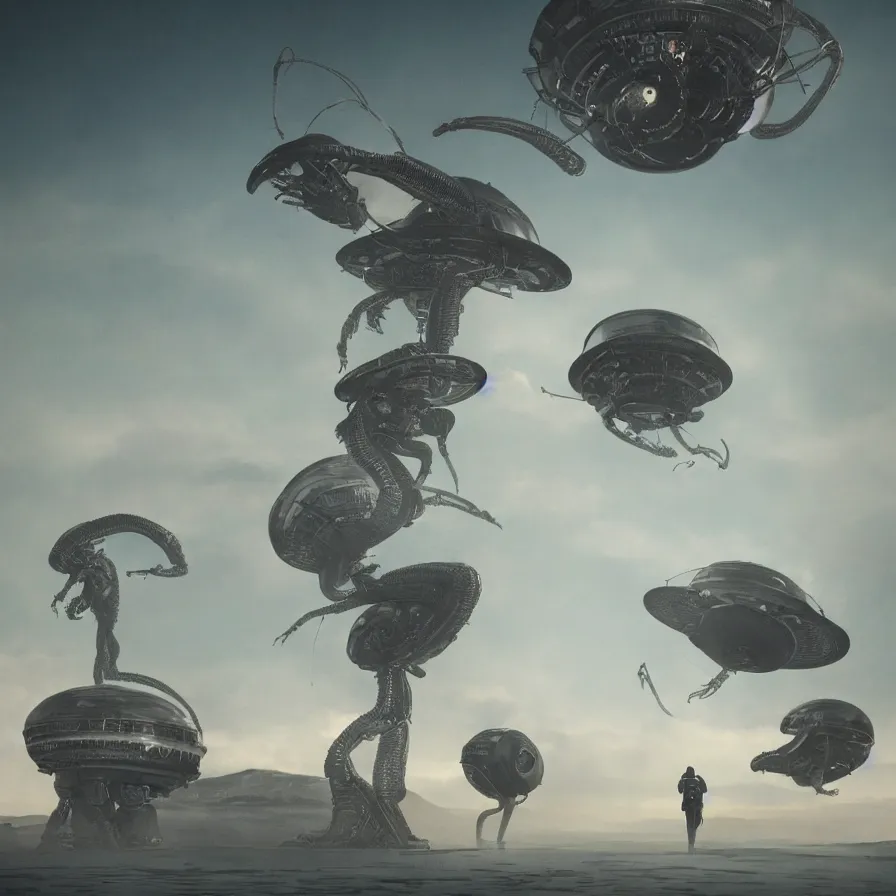 Image similar to A surreal realistic illustration of aliens and UFOS kanji all Around ##UFO ABOVE## , UFOS, KANJI, Japanese KANJI, kanji, 4k, surreal, bioluminiscent, octane render, trending on artstation, greg rutkowski very coherent symmetrical artwork. cinematic, hyper realism, high detail, octane render, 8k