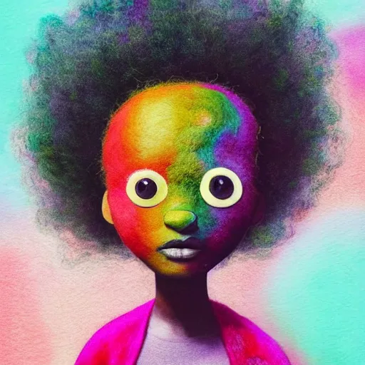 Prompt: a black girl with a colorful afro and big colorful eyes, bright colours, bokeh!!, watercolor, volumetric wool felting, macro photography, children illustration, by goro fujita