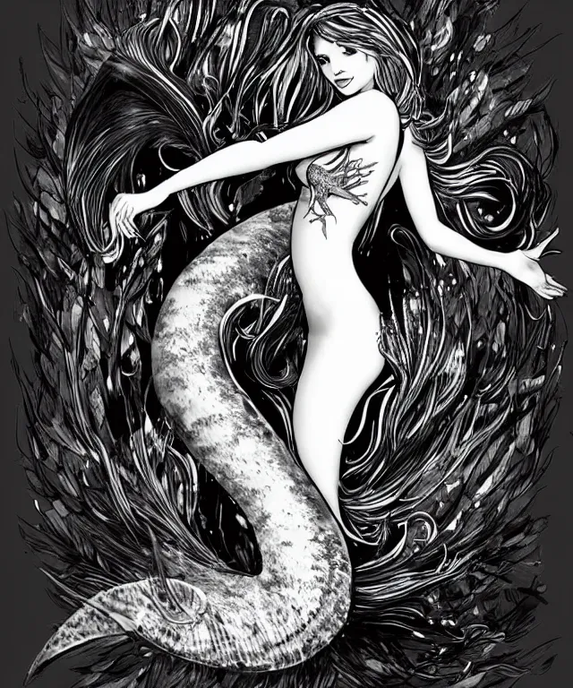 Prompt: black and white illustration, creative design, dark fantasy, mermaid, full body