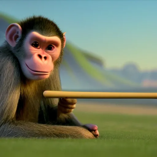 Image similar to a cinematic film still from a 2001 Pixar movie about a samurai monkey, in the style of Pixar, shallow depth of focus