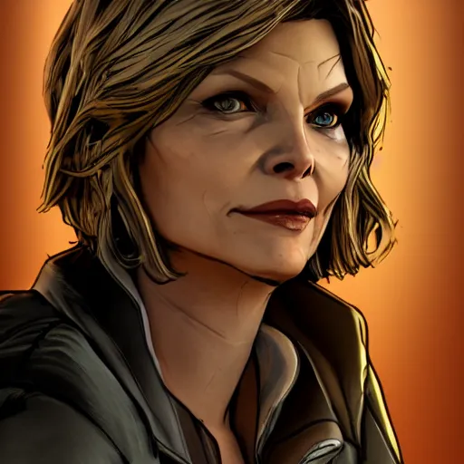 Image similar to michelle pfeiffer portrait, borderlands, tales from the borderlands, the wolf among us, comic, cinematic lighting, studio quality, 8 k