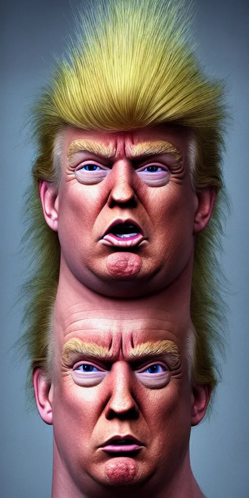 Prompt: hyperrealistic mixed media painting of Trump as a Norwegian Troll doll, stunning 3d render inspired art by P. Craig Russell and Barry Windsor-Smith + perfect facial symmetry + dim volumetric lighting, head and shoulders, serious expression, 8k octane beautifully detailed render, post-processing, extremely hyperdetailed, intricate, epic composition, grim yet sparkling atmosphere, cinematic lighting + masterpiece, trending on artstation, very detailed, masterpiece, stunning