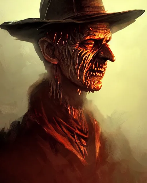 Image similar to demonic, sly, cunning, rugged freddy krueger, face centered portrait, confident, dreamworld, boiler room, fog, rain, volumetric lighting, realistic illustration, perfectly shaded, soft painting, art by krenz cushart and wenjun lin