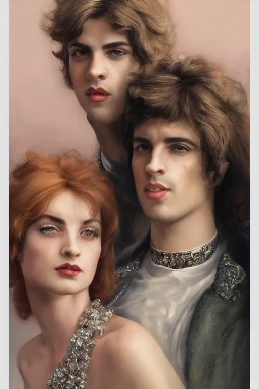 Image similar to a portrait of handsome young male 1960s glam rock star and his elegant beautiful glam witch wife, bored, illustration, dramatic lighting, soft details, painting oil on canvas, art nouveau, octane render, HDR, 4k, 8k, HD, by Edmund Blair Leighton, Brom, Charlie Bowater, trending on artstation, faces by Tom Bagshaw, Sargent