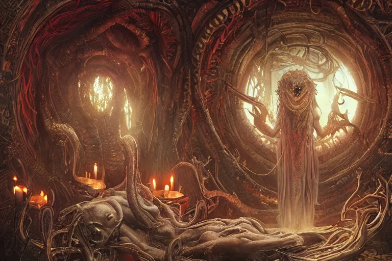 Image similar to a lovecraftian painting of a demonic shrine, occult, sacred ritual, cosmic horror elements, ultra realistic, concept art, intricate details, eerie, highly detailed, photorealistic, octane render, 8 k, unreal engine. art by artgerm and greg rutkowski and alphonse mucha