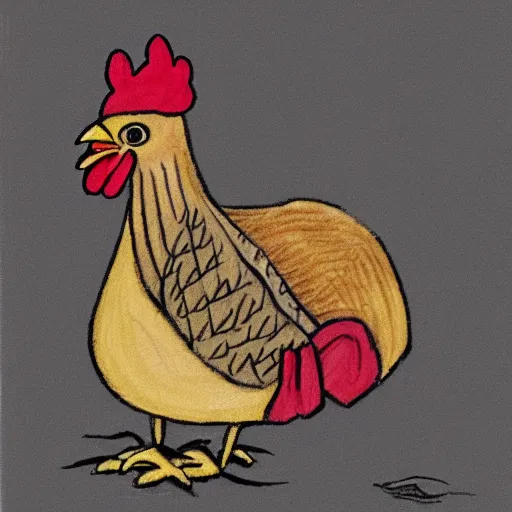 Image similar to A chicken knitting a scarf, color drawing