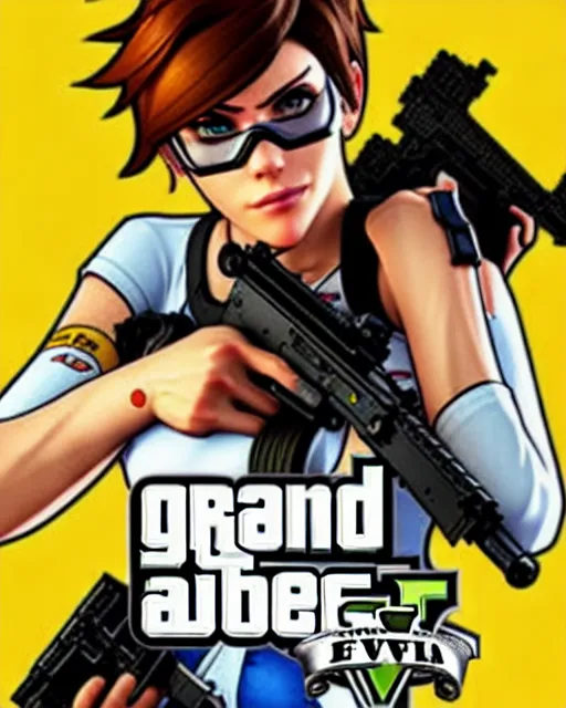 Image similar to gta 5, grand theft auto 5 cover art of tracer from overwatch