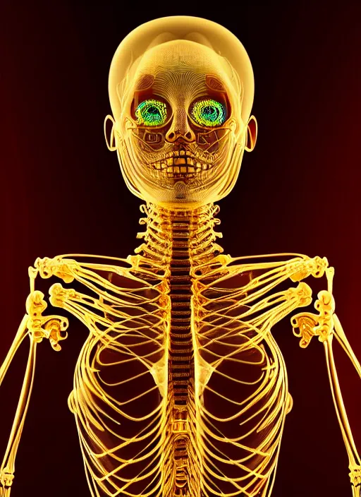Image similar to fractal female golden mechanical skeleton with beautiful human face, wires, glowing internal light, hyperdetailed, by alex grey, intricate linework, faberge, intricate gold linework, dark atmosphere, unreal engine 5 highly rendered, global illumination, radiant light, detailed and intricate environment