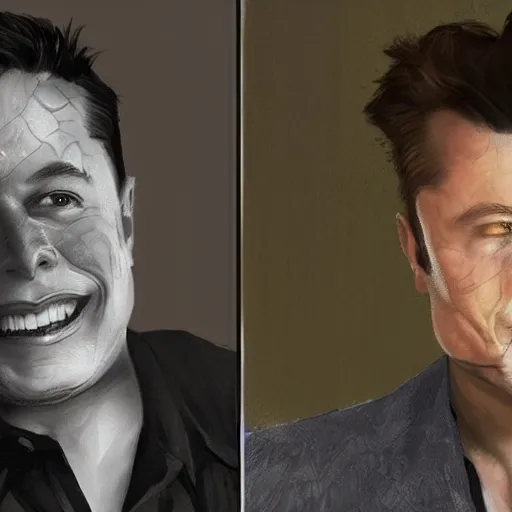 Image similar to elon musk is two face, harvey dent from batman, one face side has dragonskin fantasy sharp focus intricate elegant digital painting