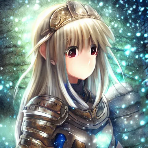 Prompt: portrait focus of knight beautiful 3D anime girl, poring armor wearing, dark forest background, snowing, bokeh, inspired by Masami Kurumada, digital painting, high contrast, unreal engine render, volumetric lighting, high détail