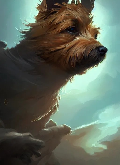 Image similar to norwich terrier as an wizard, backround dark, highly detailed, digital illustration, trending in artstation, modern painting, smooth, sharp focus, intricate, by peter mohrbacher