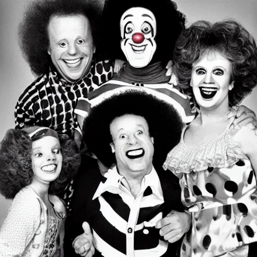 Prompt: vintage 1 9 8 0's sitcom publicity photo, a happy photogenic family and richard simmons as a clown inside a 1 9 8 0's sitcom living room, correct faces, symmetrical faces