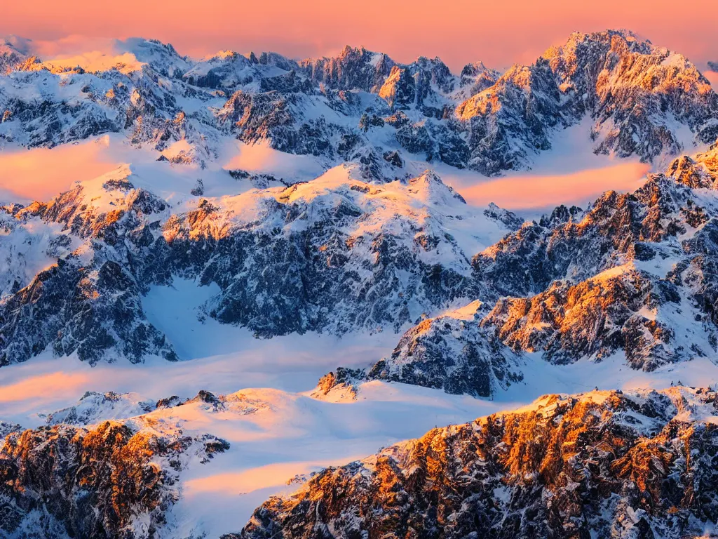 Image similar to an epic inspiring landscape with sharp - cut snow - capped mountains during the golden - hour, professional shot, award winning