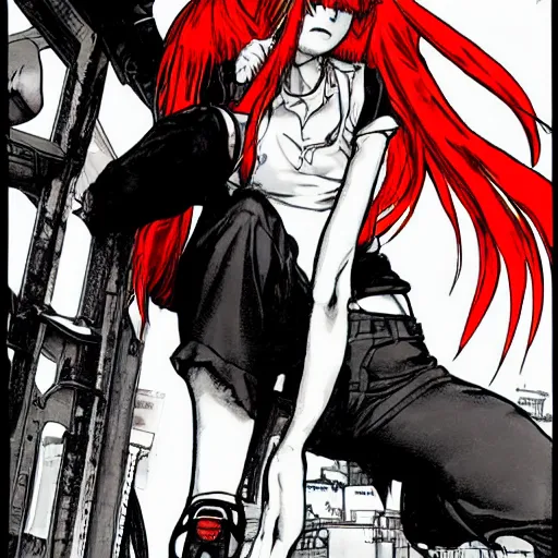 Image similar to Asuka Langley by masamune shirow, highly detailed, action, intricate background details, existentialism and posthumanism.