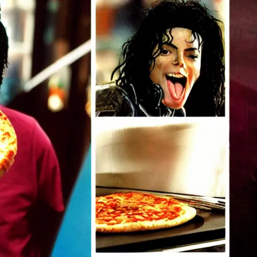 Image similar to Michael Jackson smiles an eats pizza and ramen