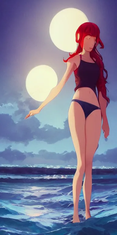 Image similar to lois van baarle, artgerm, helen huang, by makoto shinkai and ilya kuvshino, rossdraws, illustration, art by ilya kuyshuno. cute scarlet red haired cyborg woman, steel gray body, denim shorts, at beach at sunset, beautiful face, smile, elegant, exaggerated proportions, looking at me