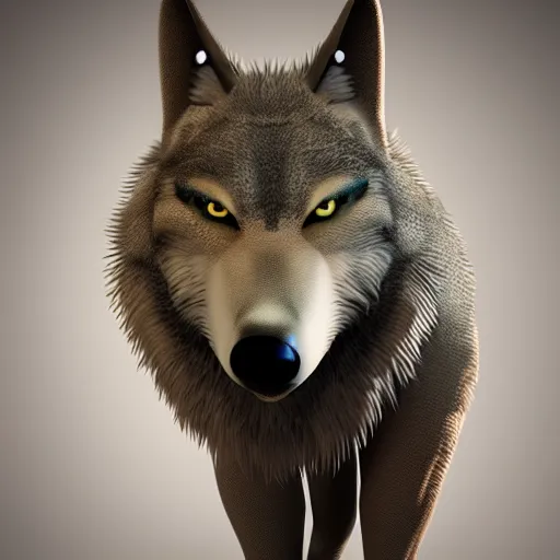 Image similar to 3 d render, well toned, large and tall, female, anthropomorphic wolf with a short snout, furless, blue scales with white spots, blue scales covering her chest.