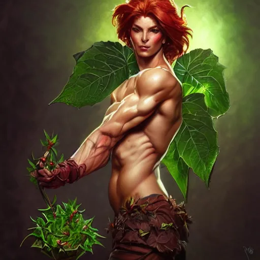 Image similar to A studio portrait of a photorealistic male muscular poison ivy wide angle, deep focus, D&D, fantasy, intricate, elegant, highly detailed, digital painting, artstation, concept art, matte, sharp focus, illustration, hearthstone, art by Artgerm and Greg Rutkowski and Alphonse Mucha