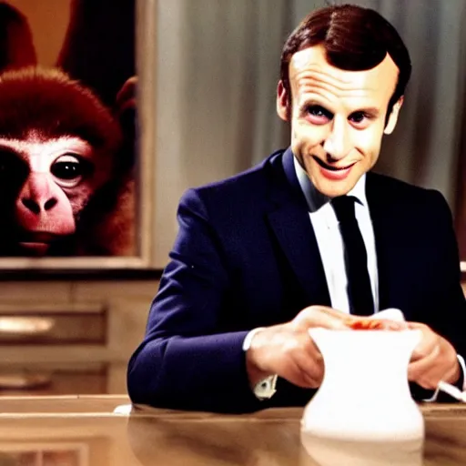 Prompt: Emmanuel Macron with monkey hair in American Psycho (1999)