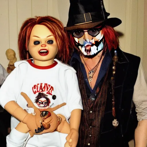 Image similar to Johnny Depp hanging out with Chucky the killer doll