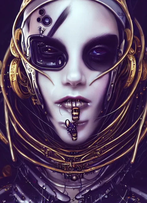 Image similar to soft lustrous ebony ivory seductive biotech raver gutter punk gothic cyborg, golden ratio, details, scifi, fantasy, cyberpunk, intricate, decadent, highly detailed, digital painting, octane render, artstation, concept art, smooth, sharp focus, illustration, art by artgerm, loish, wlop