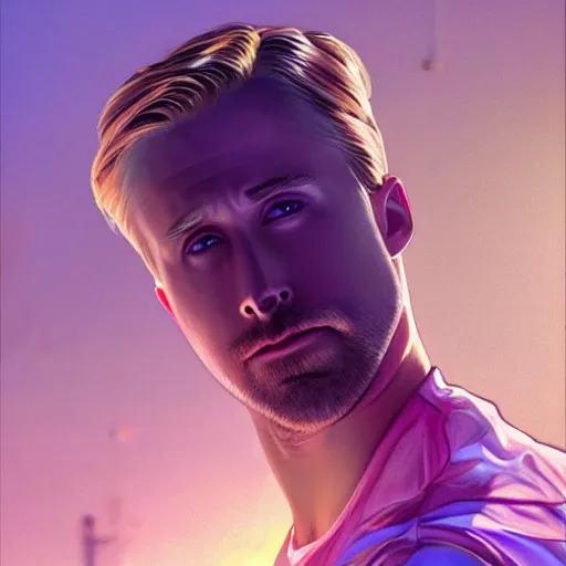 Image similar to ryan gosling robotic clothes in the beach purple sun, dancing ballet, effeminate, pink lighting ultra realistic photorealistic highly detailed high quality, a stunningly, digital painting, artstation, concept art, smooth, sharp focus, illustration, art by artgerm and greg rutkowski and alphonse mucha 8 k