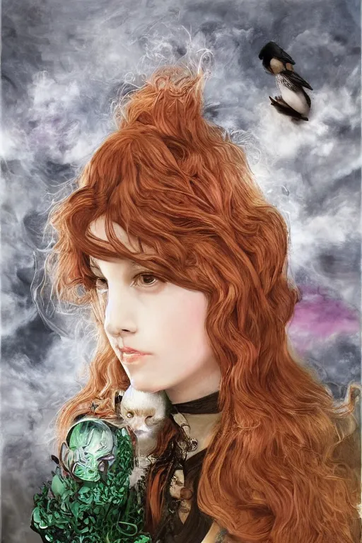 Image similar to An extremely beautiful pre-raphaelite portrait of a cute witch and her cat, surreal, ultradetailed, intricate, elegant, detailed, digital painting, artstation, concept art, smooth, sharp focus, illustration, regal, award winning picture, extremely detailed masterpiece, sense of awe, featured on artstation, Artgerm, effervescent punk kawaii-noir pastel bubbles, winning award piece, ethereal rainbows, Aetherpunk, Exquisite details