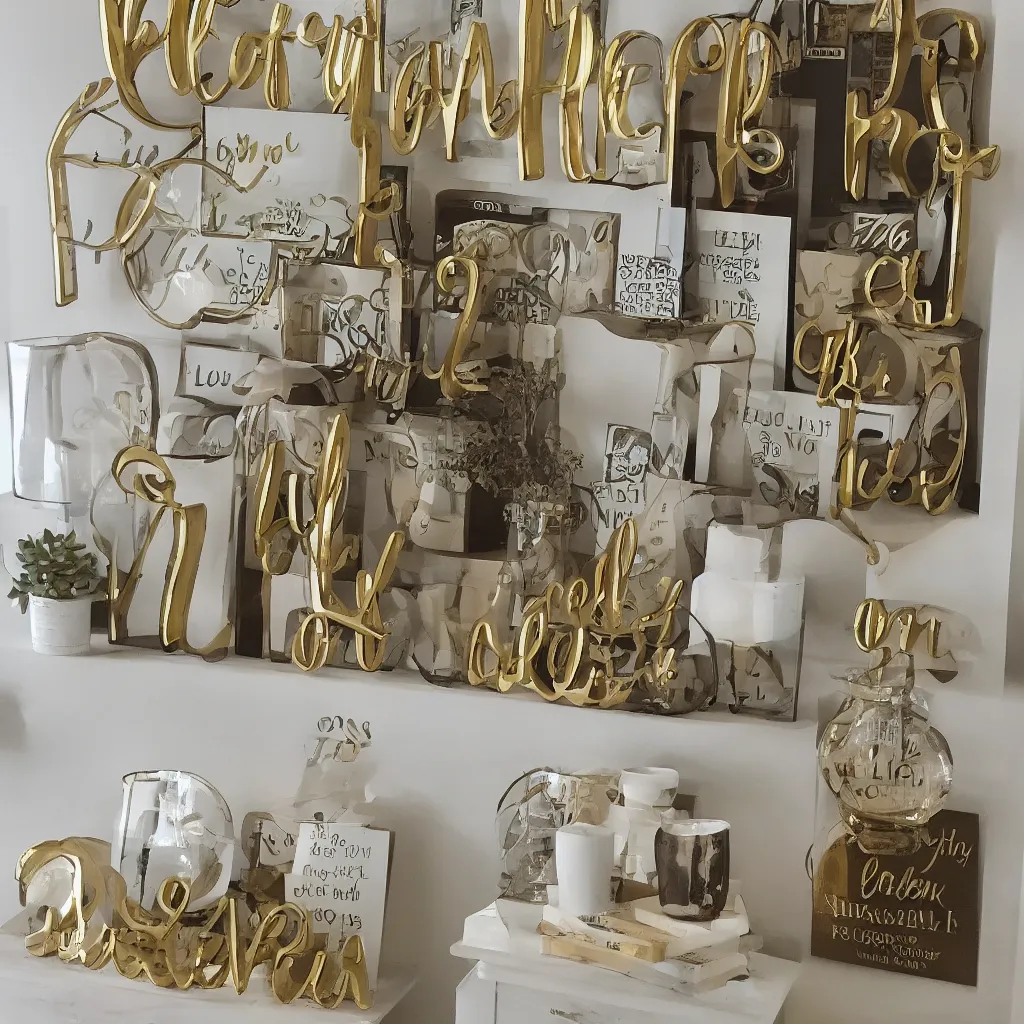 Prompt: 3 meaningless verbs printed as home decoration items, golden font, pointless