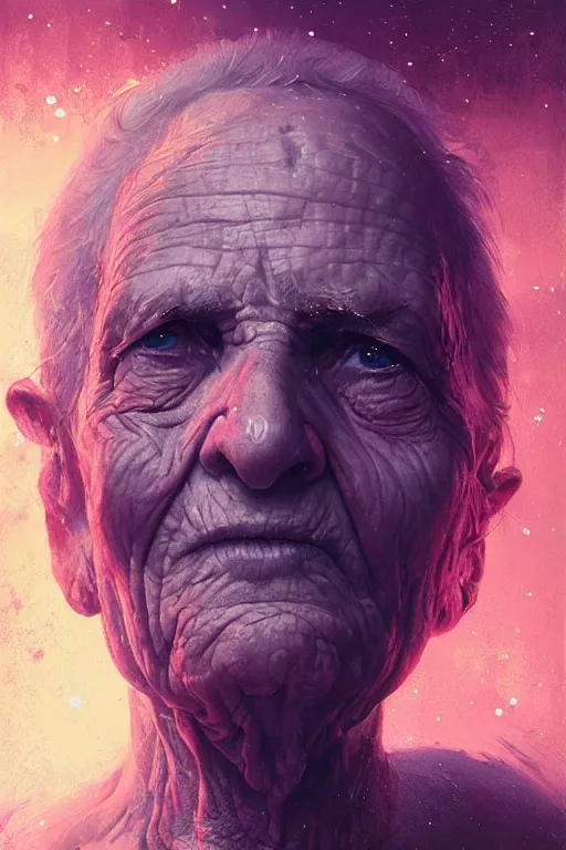 Image similar to the look of an elderly person full of wrinkles and imperfections by artgem and greg rutkowski, highly detailed, high contrast, trippy, nebula, trending on artstation