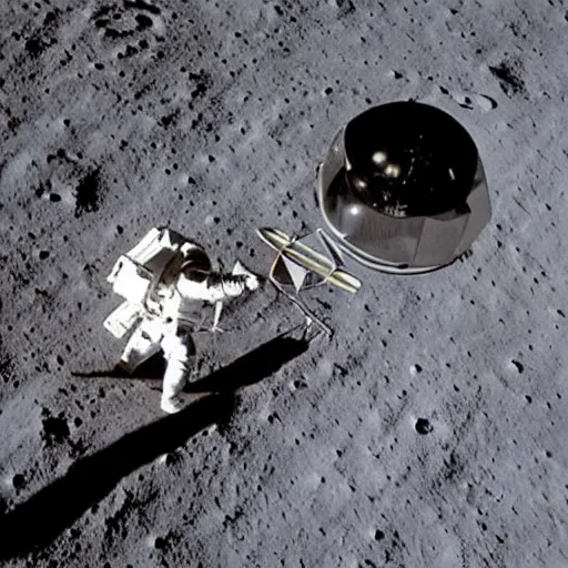 Prompt: “ a photo of an astronaut on the moon without his helmet, eating garlic bread, with knife and fork. | red tablecloth | earth in background | grey moon craters | 1 9 6 9 apollo 1 1 landing | 1 2 0 mm wide shot | clear details ”