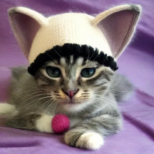 Image similar to kitten photo, wearing wool hat, tongue mlem!, cat ears