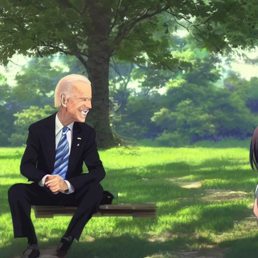 Image similar to photorealistic Joe Biden meets a beautiful smiling anime girl with black hair and hime cut sitting under a tree, anime key visual, digital art, anime screenshot, kyoto animation, makoto shinkai, trending on artstation