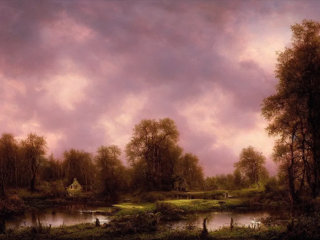 Image similar to a gorgous witchhouse in a woodland, evening mood, pink clouds in the sky, by clive madgwick