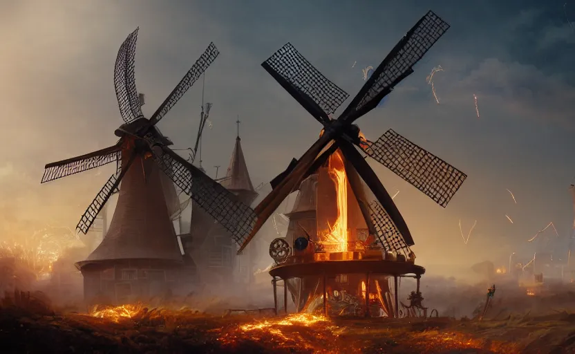 Image similar to a steampunk windmill spinning fast, robot, fire, ash, electricity lightning, furry, soft, concept art, sharp focus, intricate details, highly detailed, photorealistic, disney pixar, octane render, iridescent, anime, 8 k