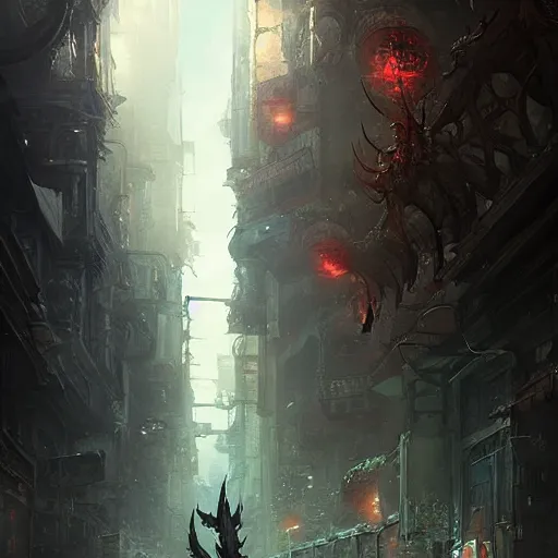 Image similar to Book of the New Sun concept art of Lictor walking through streets by Yoshitaka Amano, Greg Rutkowski, Anato Finnstark, and Barlowe