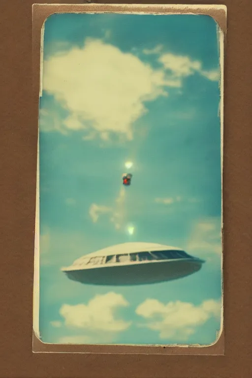 Image similar to vintage polaroid of a beautiful woman spotting a ufo in the sky, seen from behind, detailed clouds, warm azure tones, red color bleed, film grain