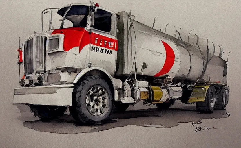 Image similar to concept art of a fuel truck, pinterest, artstation trending, behance, watercolor, by coby whitmore, silver, laser light,