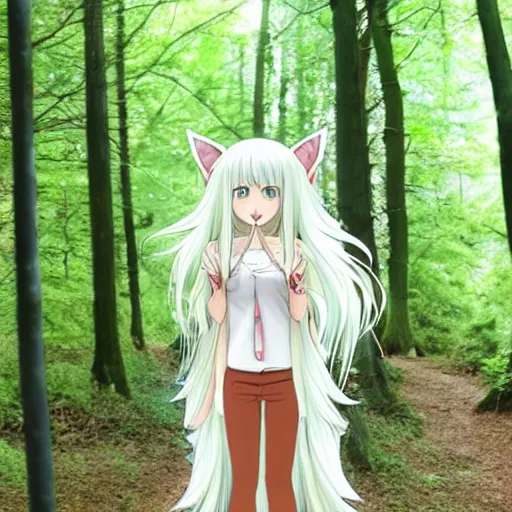 Image similar to a cute white long haired anime foxgirl in a forest