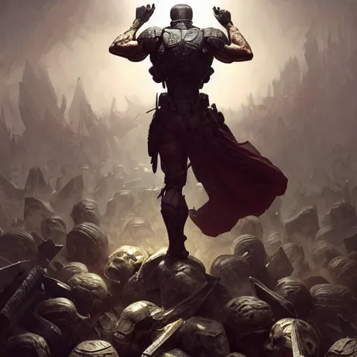 Prompt: a full body shot from behind of a super soldier standing on a pile of skulls in triumph after battle, western, D&D, fantasy, intricate, elegant, highly detailed, digital painting, artstation, concept art, matte, sharp focus, illustration, art by Artgerm and Greg Rutkowski and Alphonse Mucha