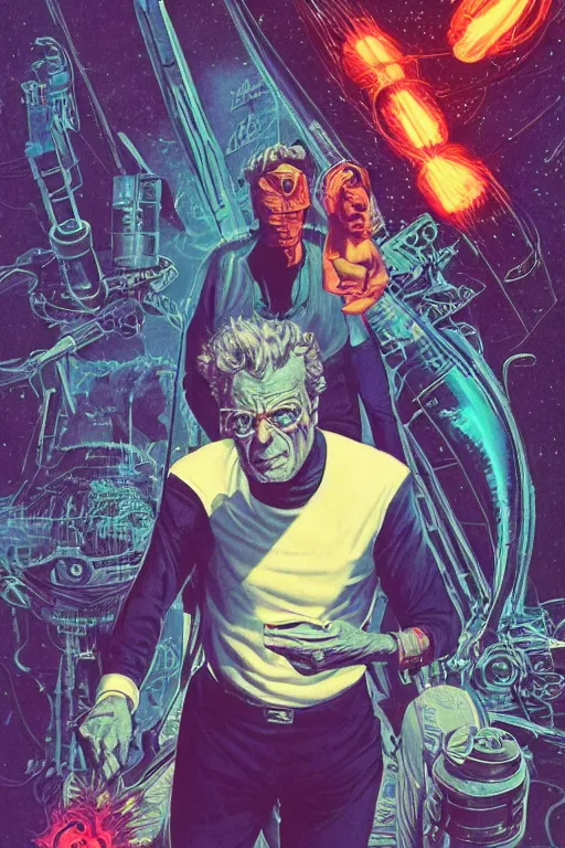 Image similar to John Noble as Rick Sanchez, science fiction, retro cover, high details, intricate details, by vincent di fate, artgerm julie bell beeple, 60s, inking, vintage 60s print, screen print