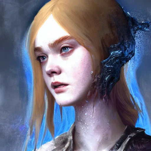 Prompt: Elle Fanning in the painted world of Dark Souls, head and shoulders masterpiece, apocalypse, golden hour, cosmic horror, artstation, in the style of Craig Mullins, extremely detailed